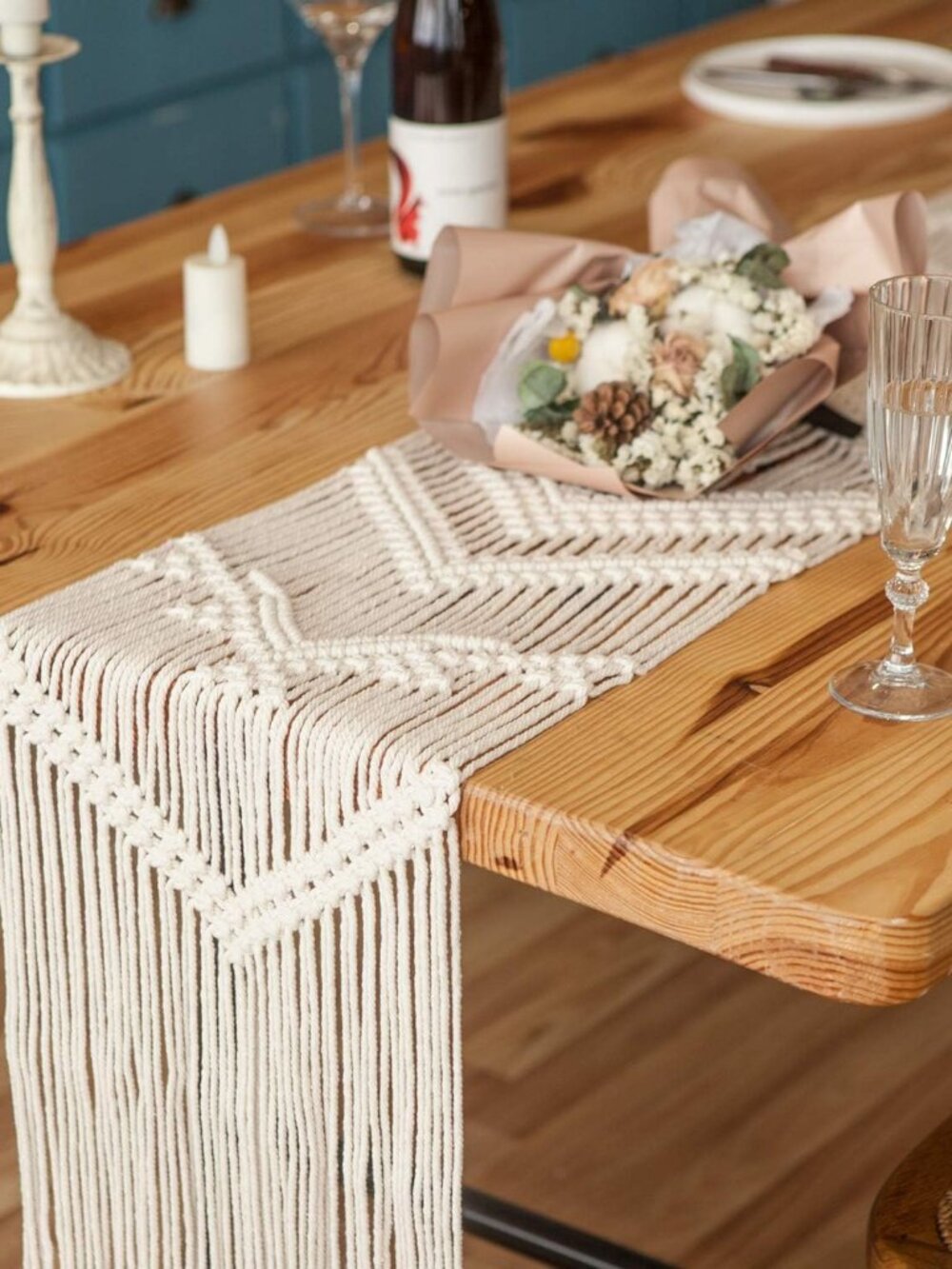 Macrame Table Runner, 100 Inches Boho Woven Dining Decor with Tassels